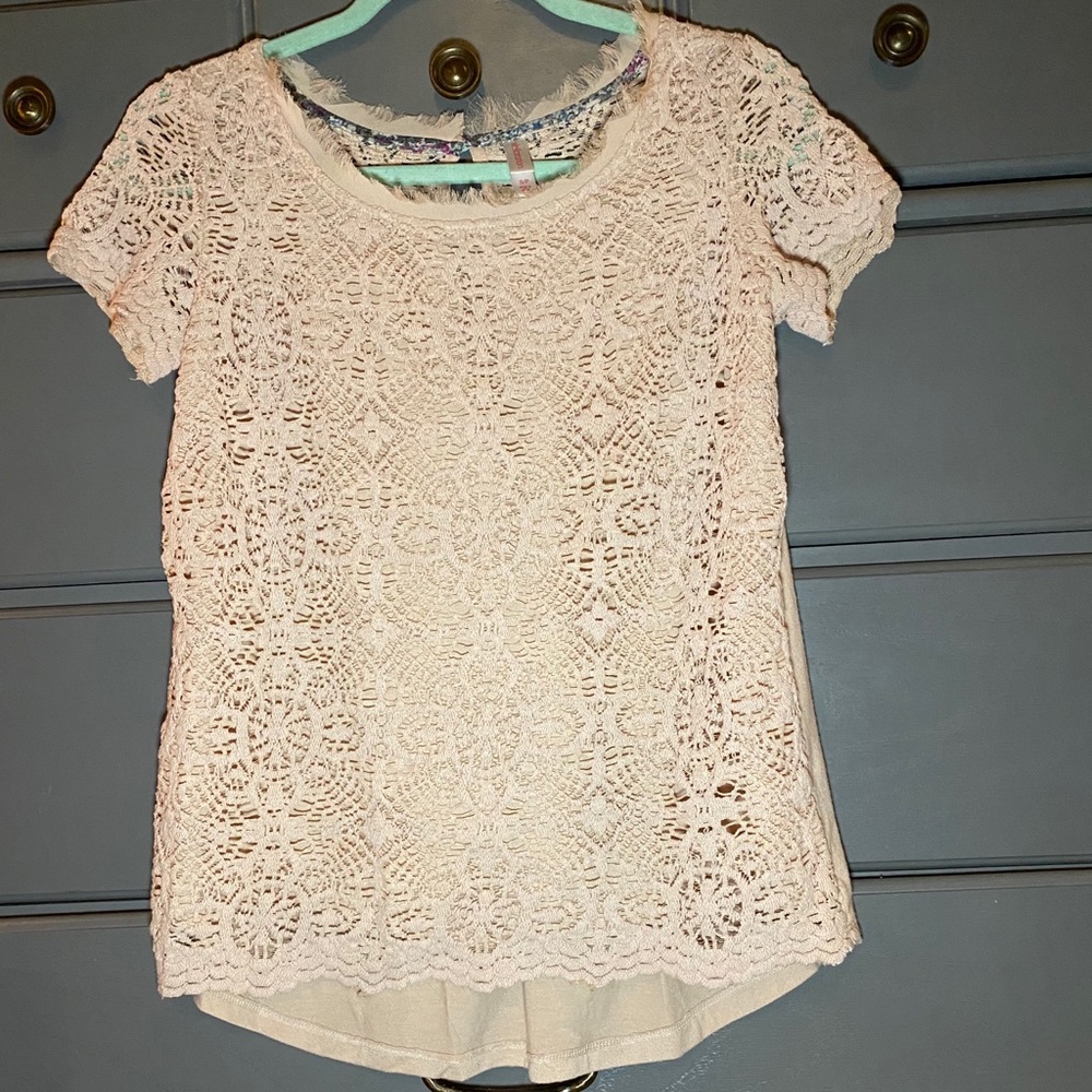 Short sleeve. Tan mesh front shirt.